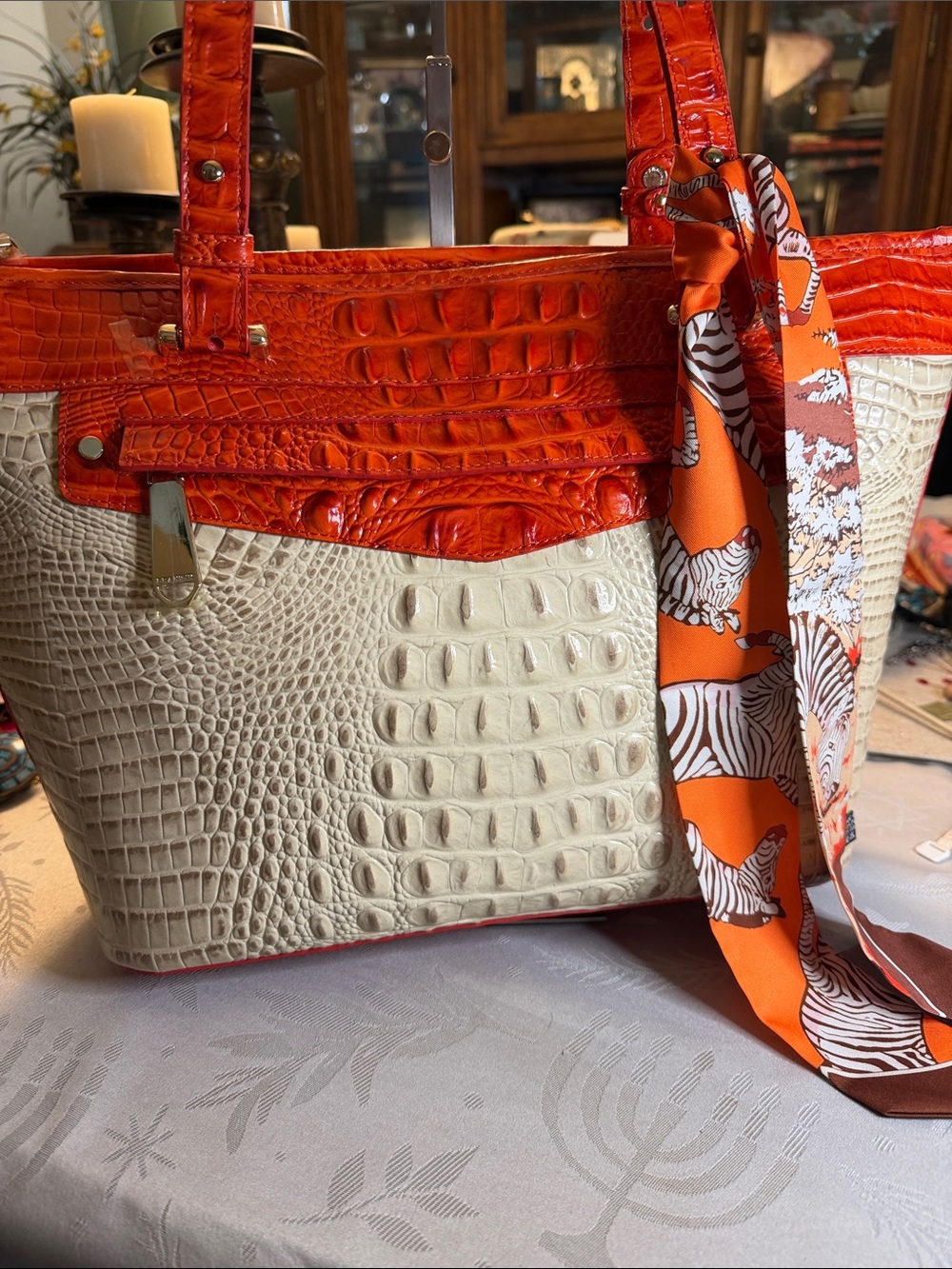 Brahmin Cream and Orange Croc-Embossed Tote with Scarf